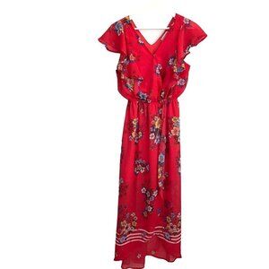 Ophelia Roe Maxi Dress Sheer Lined Red Floral‎ Wrap Party Travel Vacation Size S
